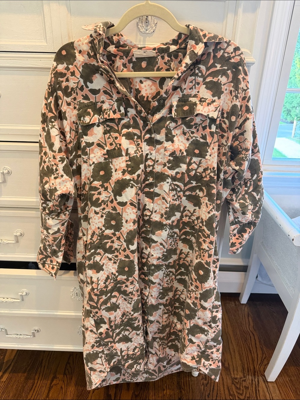 Floral Button-Up Tunic Dress in Blush and Olive